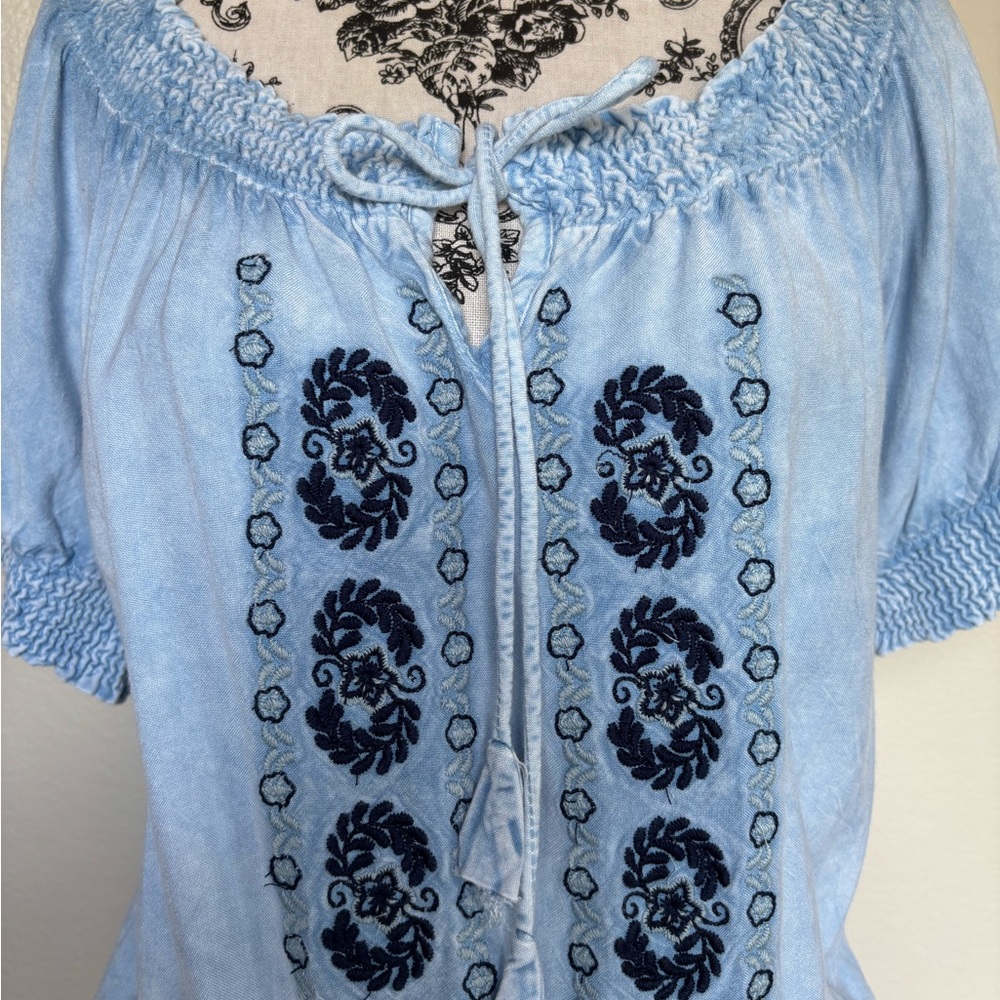 Smocked Light Blue Embroidered Peasant Blouse - Picture 11 of 13